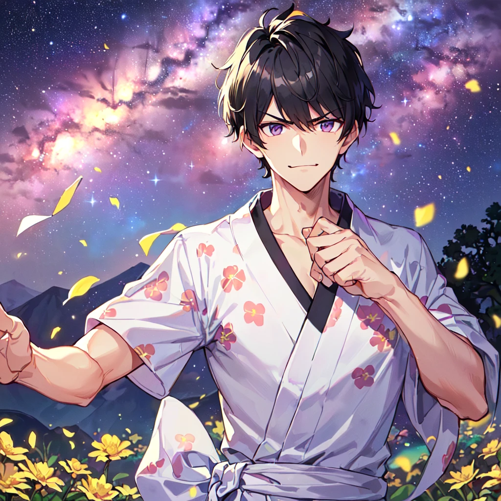 masterpiece,best quality,high quality,(1 male austere handsome solo adult age 30 years:1.5), purple eyes, cool with suspended eyes, V-shaped eyebrows, body strong and fearless 8.5 head tall, height 185 cm, (well-groomed black short hair to neck: 1.4), (bangs 7 thirds parted: 1.4), slender nose, facial muscles, throat, (trousers with yukata short sleeved southern star print: 1.3), (running), (stylish pose), (scowling smile: 1.3), (dynamic pose), (background Milky Way and southern star flower field: 1.5), (upper body:1.3)