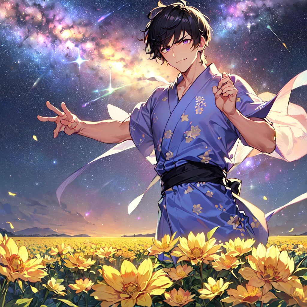 masterpiece,best quality,high quality,(1 male austere handsome solo adult age 30 years:1.5), purple eyes, cool with suspended eyes, V-shaped eyebrows, body strong and fearless 8.5 head tall, height 185 cm, (well-groomed black short hair to neck: 1.4), (bangs 7 thirds parted: 1.4), slender nose, facial muscles, throat, (trousers with yukata short sleeved southern star print: 1.3), (running), (stylish pose), (scowling smile: 1.3), (dynamic pose), (background Milky Way and southern star flower field: 1.5), (upper body:1.3)