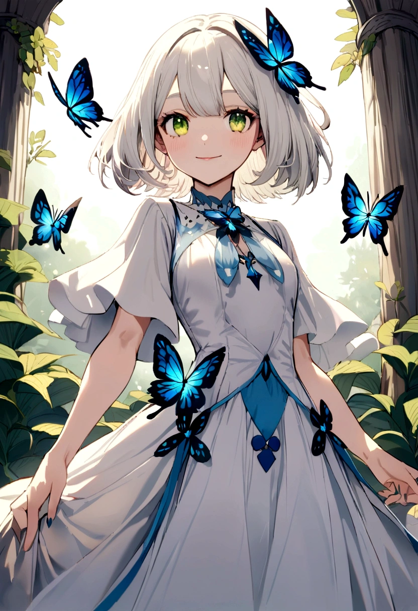 Chica de cabello blanco con un vestido hecho de mariposas balncas de ojos azules y