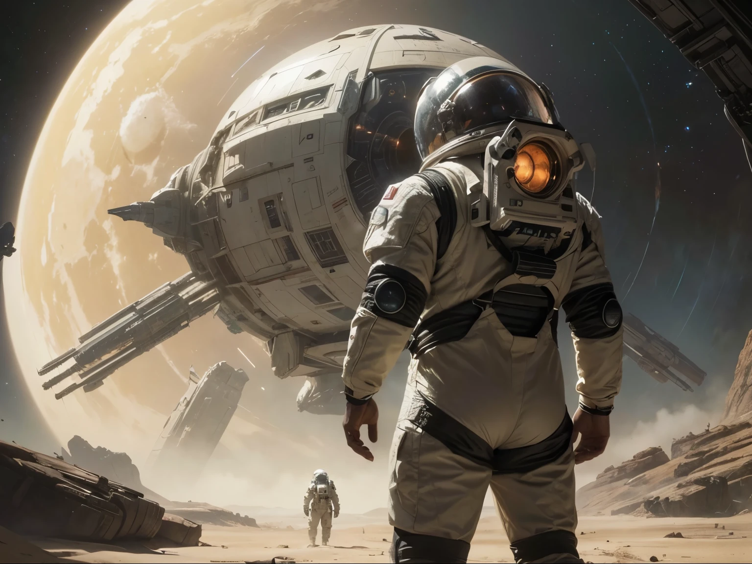 spaceship in the background with a man in a space suit standing in front of it, award winning scifi art, inspired by Craig Mullins, sci - fi illustrations, sci-fi illustrations, science fiction concept art, award-winning sci-fi, by Craig Mullins, sci fi artwork, sci-fi artwork, sci - fi artwork, science fiction art, beautiful sci fi art