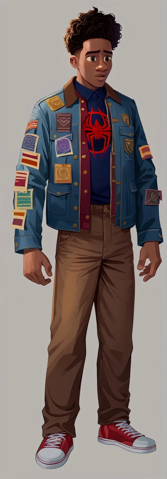 zPDXL, svstyle, concept art hand-drawing Spider-Man: Into the Spider-Verse one African-American boy with Ayoade’s short curly hair, brown pants High Frame Rate: comic book animation style, creating a smoother and more fluid look, abstract expressionism, storybook illustrations.
2D and 3D Fusion: brown jeans seamlessly blends 2D and 3D animation. Characters and environments are primarily 3D models, but they are textured and rendered to have a 2D comic book appearance.
Dark brown bomber jacket and tall, brown jeans, resemblance to Richard aylade Jamaican flag on jacket sleeve , Jamaican flag
