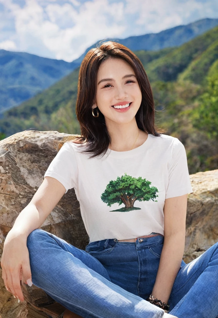 1girl, solo, long_hair, realistic, jewelry, sitting, outdoors, bracelet, shirt, pants, looking_at_viewer, smile, brown_eyes, sky, cloud, brown_hair, denim, white_shirt, jeans, black_hair, tree, blue_pants, day, short_sleeves, mountain, t-shirt, lips, teeth
