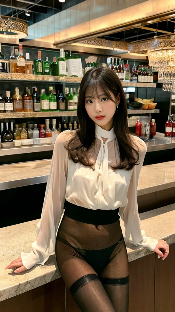 ulzzang -6500-v1.1, (Raw photo:1.2), (Photorealsitic), (See-through:1.3), (Real:1.4), upper class bewitching female、１femele、luxury silk blouse:1.2, (Ultra-realistic pantyhose:1.2), No skirt、small luxury lace panties、Pantyhose Focus、Sit at the bar counter、Cross your legs、Inviting look、