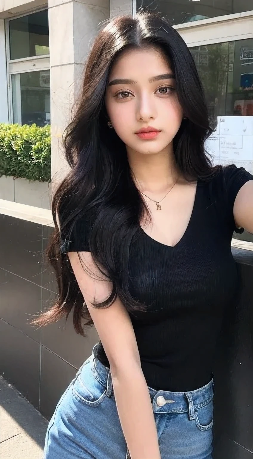 lovely cute young attractive indian teenage girl, big city girl, 18 years old, cute, an Instagram model, long black_hair, colorful hair, hot, dacing, wear black top, jeans,Indian