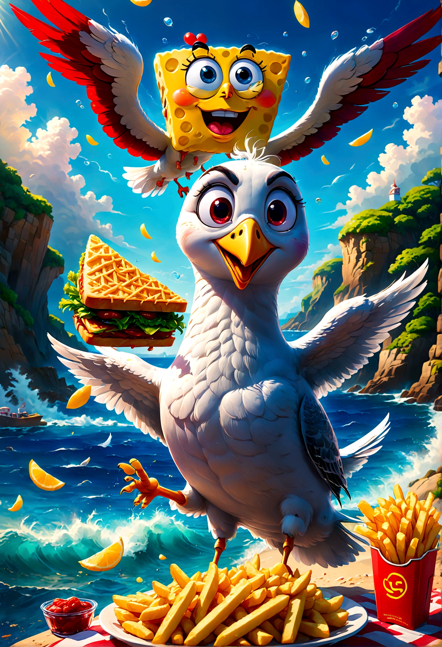 anime style, SpongeBob SquarePants have Fries lunch picnic by the sea, (a Seagull Unexpected break-in:1.2), anime screenshot, source_anime, dramatic composition, cinematic dynamic action scene, vibrant colors, cinematic lighting, dramatic lighting, best quality, masterpiece, very aesthetic, perfect composition, intricate details, ultra-detailed