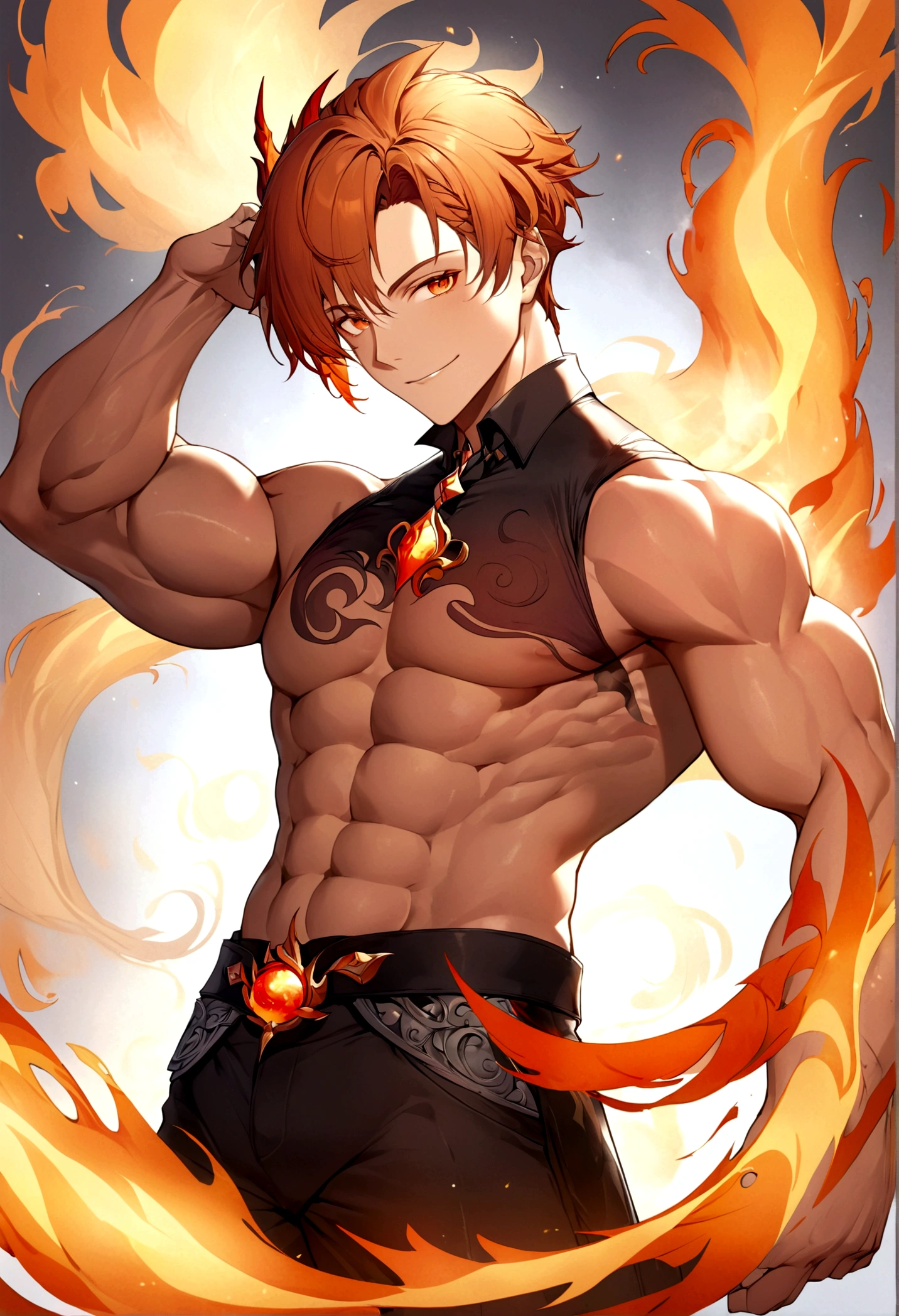 Meisterwerk, Top quality, 16K UHD, Stehen, 1 male fire genasi with orange skin, Feuer Zauberer, kein Oberteil, Free upper body, Sixpack-Muskeln, muscular physique, elegante schwarze Hose, feuriges brennendes Flammenhaar, Feuermagier, a swirling fireball hovers above his left hand, Magische-Kulisse, selbstbewusste Pose, devilish smile. Hochdetaillierte Gesichts- und Hautstruktur, detaillierte Augen, eckige Augenbrauen, Bernsteinfarbene Augen mit Funken, fine facial features, chiseled jawline, Shiny orange skin with smoky undertones