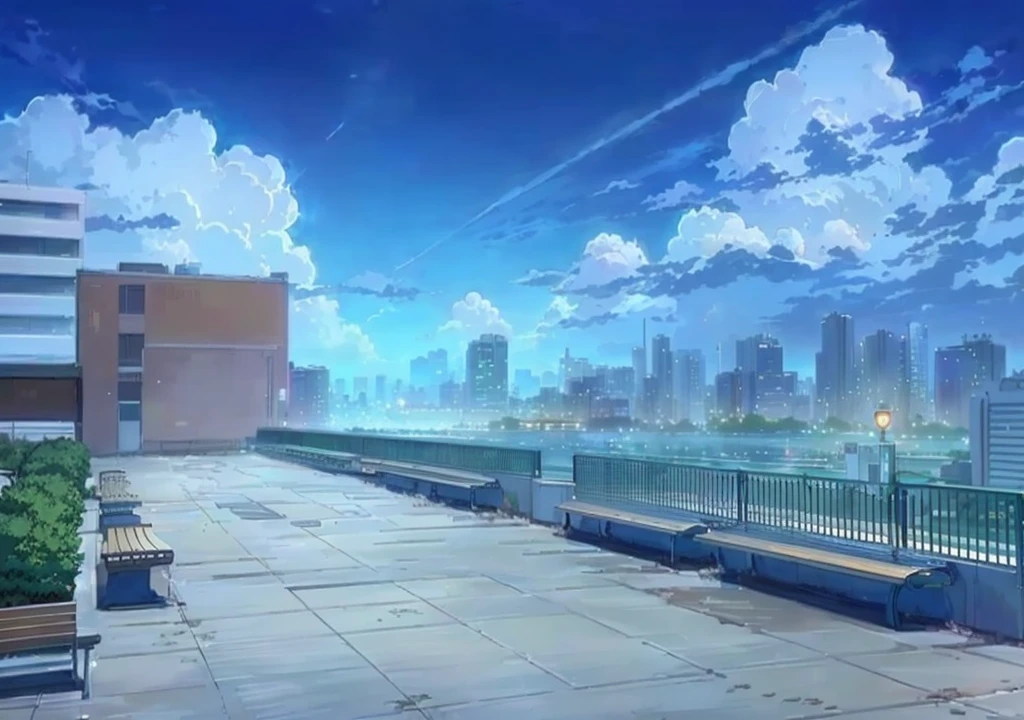 anime - style picture of a cityscape with a bench and a bench, anime background art, anime scenery, hd anime cityscape, stormy weather. makoto shinkai, anime background, beautiful anime scenery, anime scenery concept art, style of makoto shinkai, makoto shinkai. high detail, anime style cityscape, beautiful anime scene, anime movie background