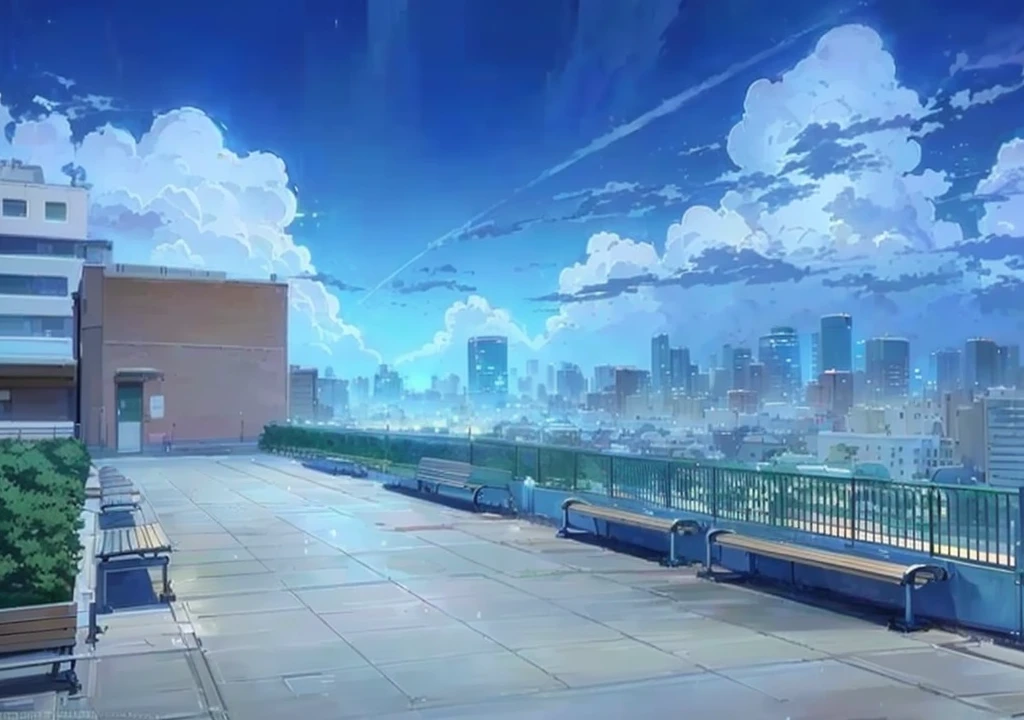 anime - style picture of a cityscape with a bench and a bench, anime background art, anime scenery, hd anime cityscape, stormy weather. makoto shinkai, anime background, beautiful anime scenery, anime scenery concept art, style of makoto shinkai, makoto shinkai. high detail, anime style cityscape, beautiful anime scene, anime movie background