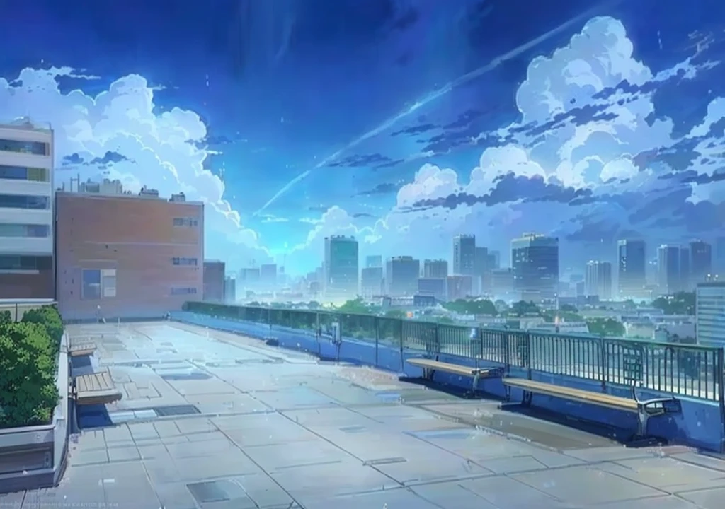 anime - style picture of a cityscape with a bench and a bench, anime background art, anime scenery, hd anime cityscape, stormy weather. makoto shinkai, anime background, beautiful anime scenery, anime scenery concept art, style of makoto shinkai, makoto shinkai. high detail, anime style cityscape, beautiful anime scene, anime movie background
