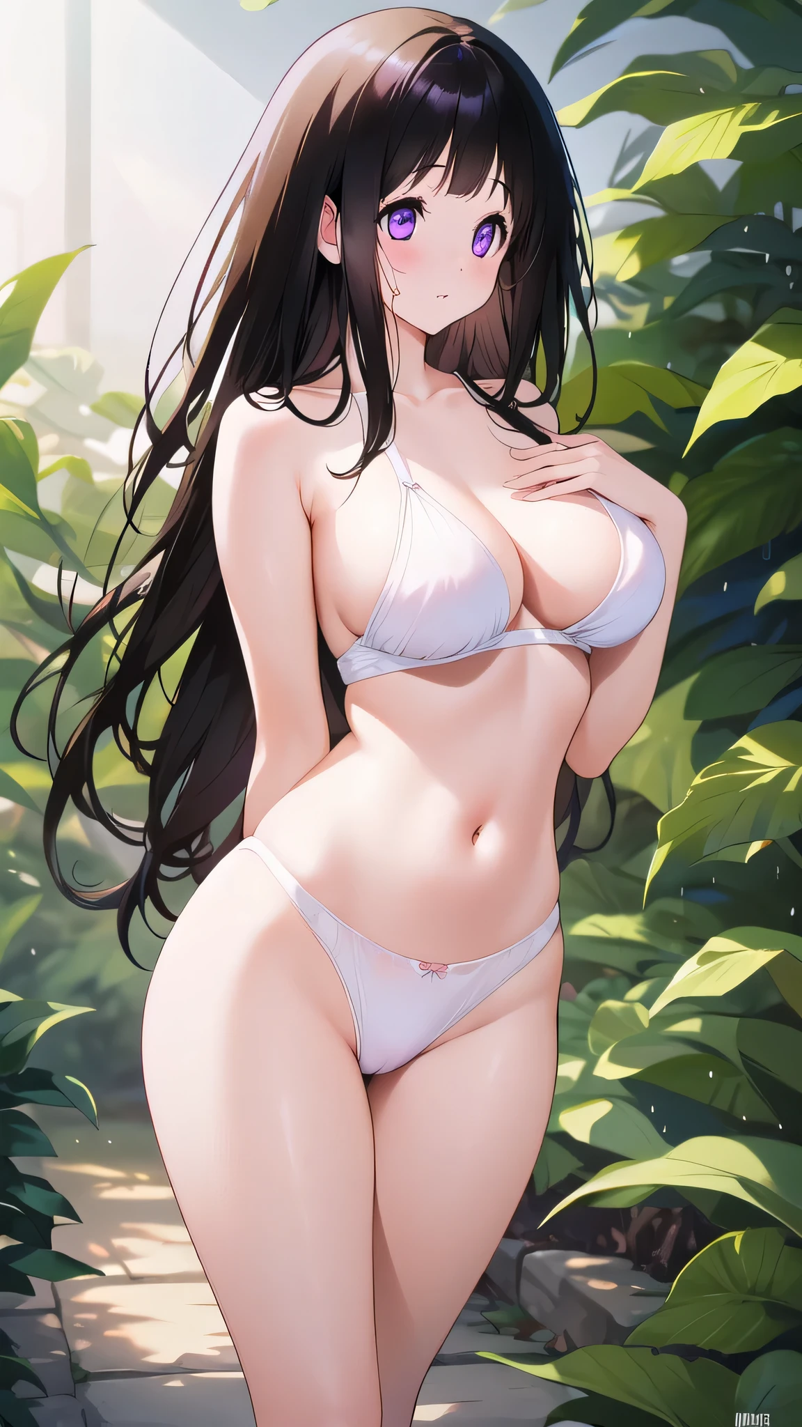 Beautiful Chitanda,There is only one beautiful girl,Purple Eyes, Black Hair, Natural straight hair, Straight bangs,Extremely refined,open your lips,Face is so red,Very white skin,Skin as delicate as porcelain,Glowing skin,big eyes,Flowing long hair,beautiful girl, Like a dream,Slim,Slim waist,Soft, (Sensual), (Kawaii), Dream quality,Standing in the bushes,The leaves cover the private parts,Sweaty and sweaty,Profile,Side breasts,Lower breasts,Underwear Rain,Completely naked,Gluteal groove,Completely naked back,nacked hip,Bare belly,very close,Deep V neckline,Loose neckline,Beautiful big breasts,No pants,Delicate clavicle,Delicate hands and feet,Bare neck,There is no decoration on the neck,Bare thighs,Exposing the groin,Camel toe,extremely shy,Ultra-high resolution, (masterpiece:1.2, best quality), (Delicate and beautiful eyes: 1.2), (Beautiful and delicate face)