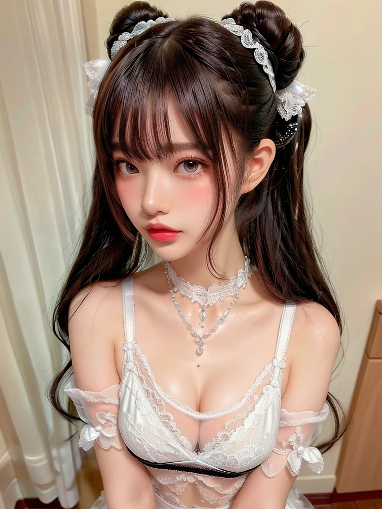 ((Highest quality)),(超A high resolution),(Very detailed),(Detailed Description),((The best CG)),(masterpiece),Very detailedなアート、Small breasts、Whitening 1.5、Clear skin quality、(((Black see-through shirt 1.5)))、(((White lace bra 1.5)))、High leg、Ribbon hair ornament、(((Bun Hair 1.5)))、(((Twin Tail Hairstyle 1.5)))Tying up hair、Glitter Necklace、Ultimate Beauty 1.5、((( 1.5)))、Open your mouth、