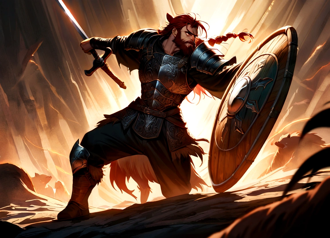 Tall savage warrior man, boar themed, detailed armor, old engraved leather Cuirass, intricate designs on the Cuirass, intricate Cuirass engravings, imposing and powerful stance, fierce expression, red wild mane braided hair and beard, dynamic pose, intense battle scene, fantasy setting, vibrant colors, dramatic lighting, epic atmosphere, mythical creatures in the background, sword and viking shield, attention to anatomy and facial features, iconic use of highlights and shadows, capturing emotion, masterful composition