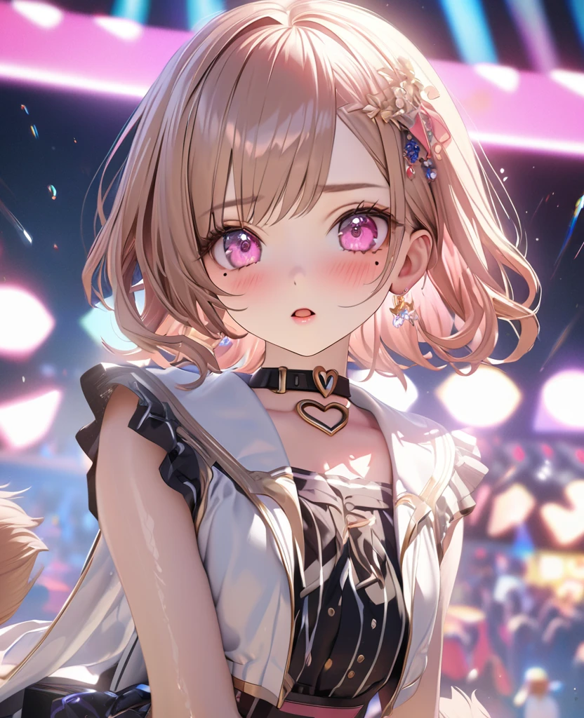 masterpiece, best quality, ultra detailed, high resolution, expensive resolution, HDR, 4k, 8K, uniform 8k wallpaper, ultra detailed CG, masterpiece, realistic, 2D, 3D, beautiful details, depth, fine texture, ultra fine: 1.3, perfectly focused, crispy .skin, .he, very cute anime girl, idol, A girl in her twenties,drenched in heavy rain outdoor stage, chest part is visible through, brown short twin-tail hair wearing expensive clothes, one girl, one person, brown short twin-tail hair, idol, mole under eye, looking at the viewer, expensive, blush, mole, open lips, hair accessory, heart-shaped choker, pink eyes, choker