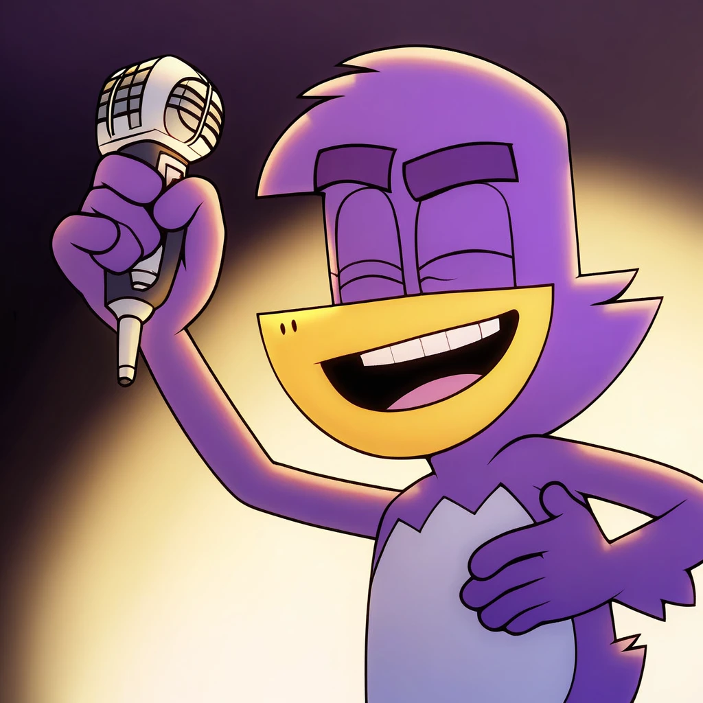 badmascot, solo, 1boy, holding, smile, smiling, singing, pokemon (creature), happy, microphone, mascot, full-size, dark background score_9, score_8_up, score_7_up, score_6_up, score_5_up, score_4_up