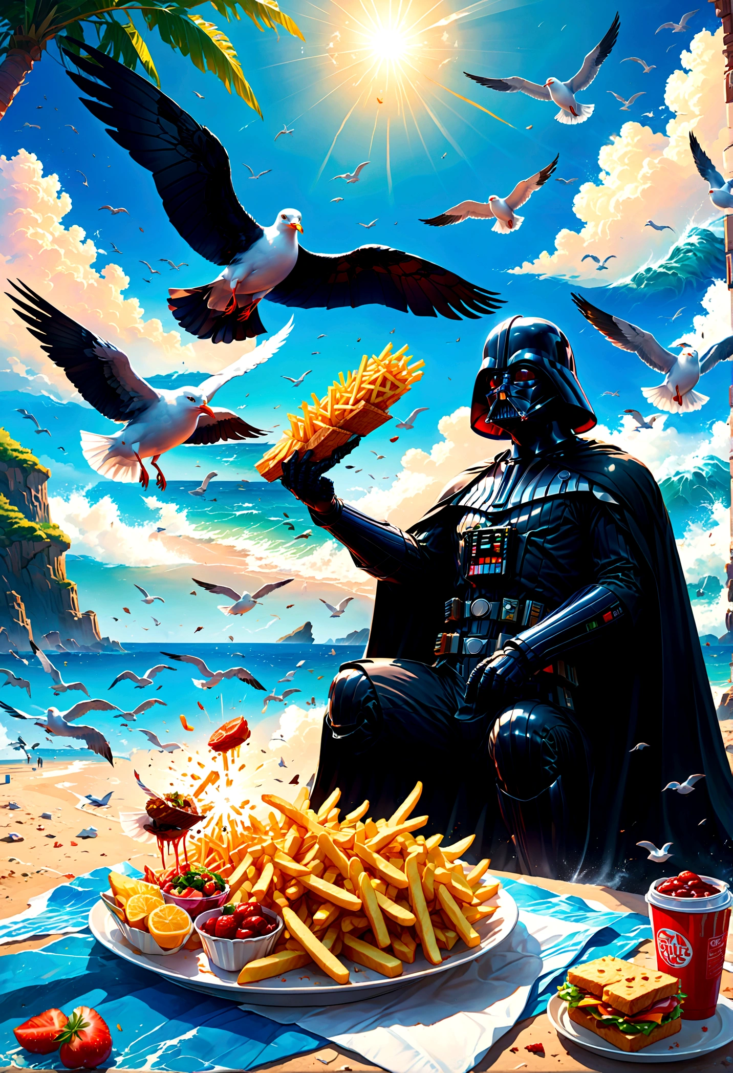 anime style, Darth Vader have Fries lunch picnic by the sea, (a Seagull Unexpected break-in:1.2), anime screenshot, source_anime, dramatic composition, cinematic dynamic action scene, vibrant colors, cinematic lighting, dramatic lighting, best quality, masterpiece, very aesthetic, perfect composition, intricate details, ultra-detailed