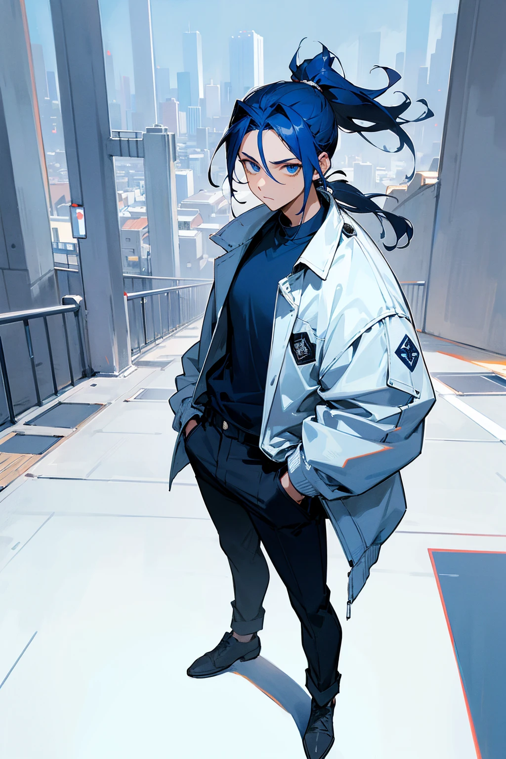 1male, dark blue hair, short ponytail, scruffed hair, deep blue eyes, expresisonless, blue baggy shirt, white modern jacket, black pants, city background, detailed background, hands to side, standing on path