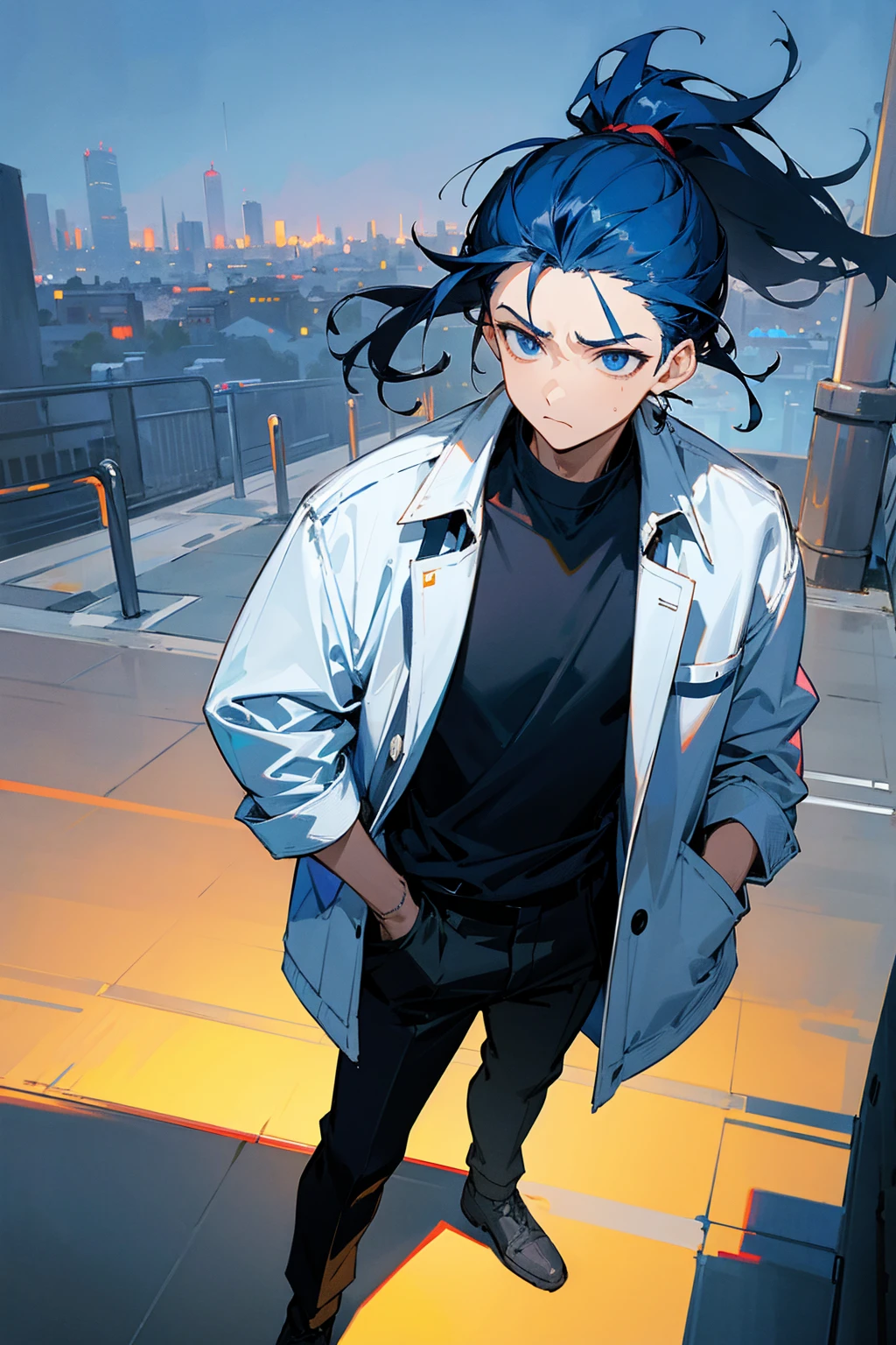 1male, dark blue hair, short ponytail, scruffed hair, deep blue eyes, expresisonless, blue baggy shirt, white modern jacket, black pants, city background, detailed background, hands to side, standing on path