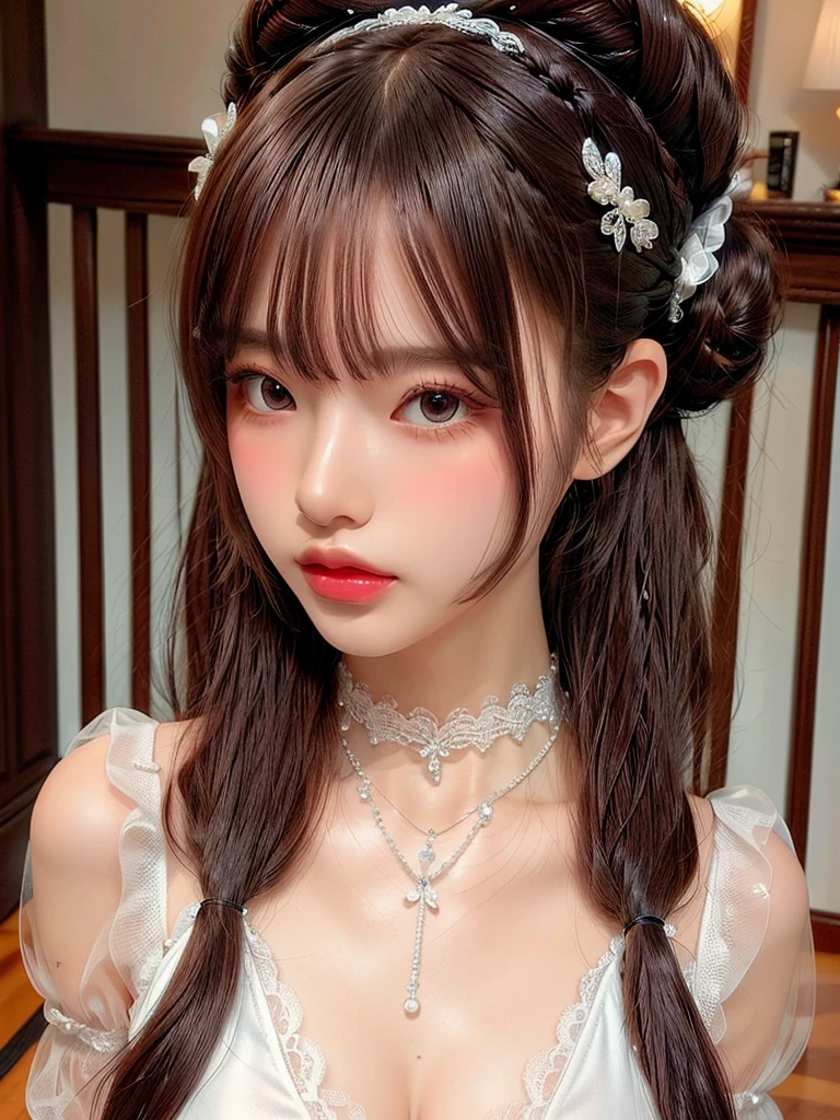 ((Highest quality)),(Ultra-high resolution),(Very detailed),(Detailed Description),((The best CG)),(masterpiece),Highly detailed art、Small breasts、(((See-through dress 1.5)))、hair ornaments、Tie your hair、Sparkly necklace、Ultimate Beauty 1.5、(((Place your right hand on your mouth 1.5)))、Brown Hair、Smiling gently 1.2、Luxurious living room