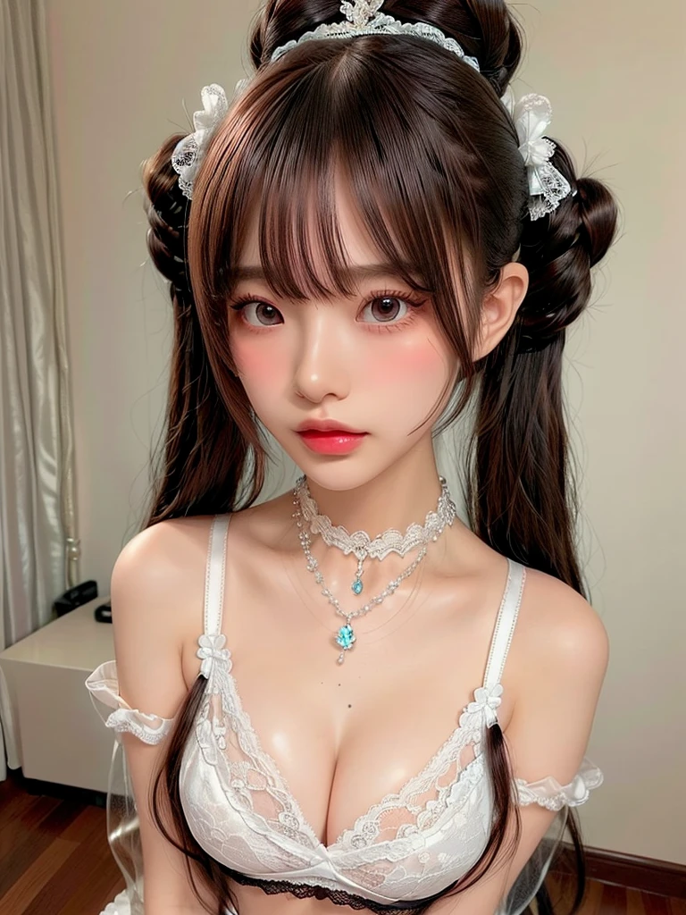 ((Highest quality)),(超A high resolution),(Very detailed),(Detailed Description),((The best CG)),(masterpiece),Very detailedなアート、Small breasts、Whitening 1.5、Clear skin quality、(((Black see-through shirt 1.5)))、(((White lace bra 1.5)))、High leg、Ribbon hair ornament、(((Bun Hair 1.5)))、(((Twin Tail Hairstyle 1.5)))Tying up hair、Glitter Necklace、Ultimate Beauty 1.5、((( 1.5)))、Open your mouth、