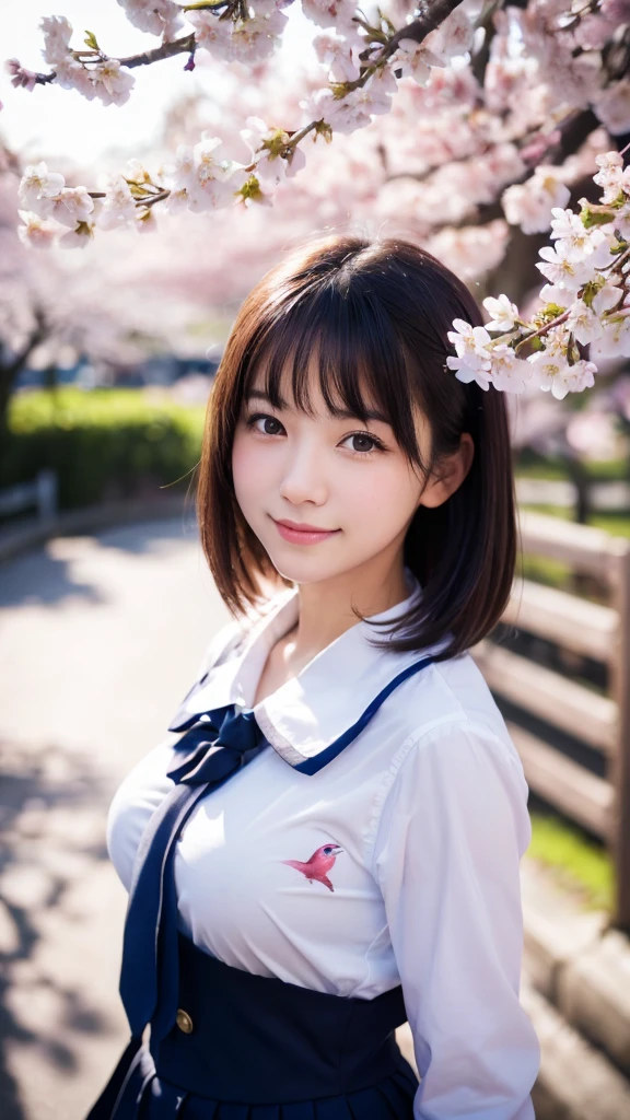(Highest quality,masterpiece:1.3,Ultra-high resolution),(Very detailed,Caustics,8k),(Realistic:1.4,RAW shooting),1 Girl,(smile),(cherry blossomsを見上げる),18-year-old,cute,Japanese,Short black hair,(school uniform),glamorous,(big ),(breast focus),street,cherry blossoms,cherry blossomsの花びらが舞っている,Natural light,(Lens flare),Professional Writing,(Cowboy Shot),(bird's's point of view:1.2),(High position:1.4),(High Angle:1.4)