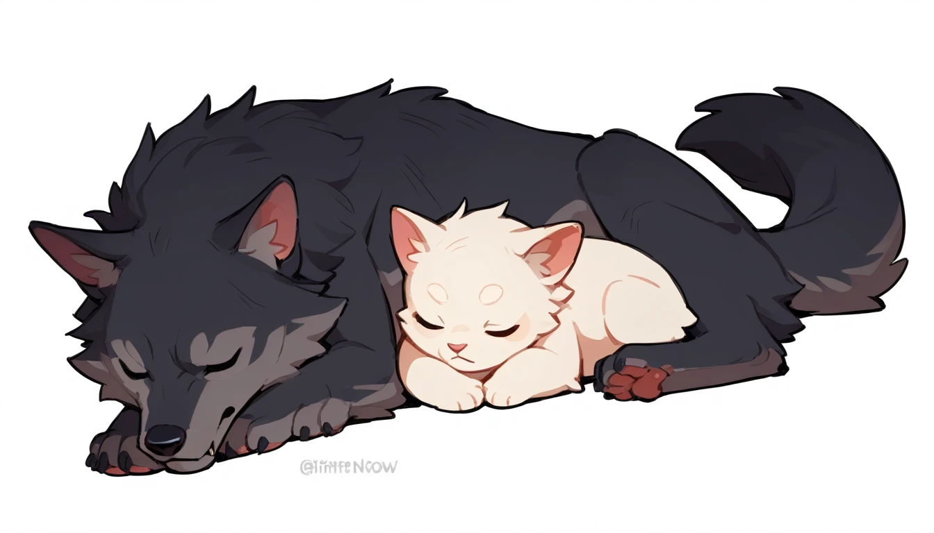 The Q version of the giant feral wolf sleeping and protecting a young furry cat, white background