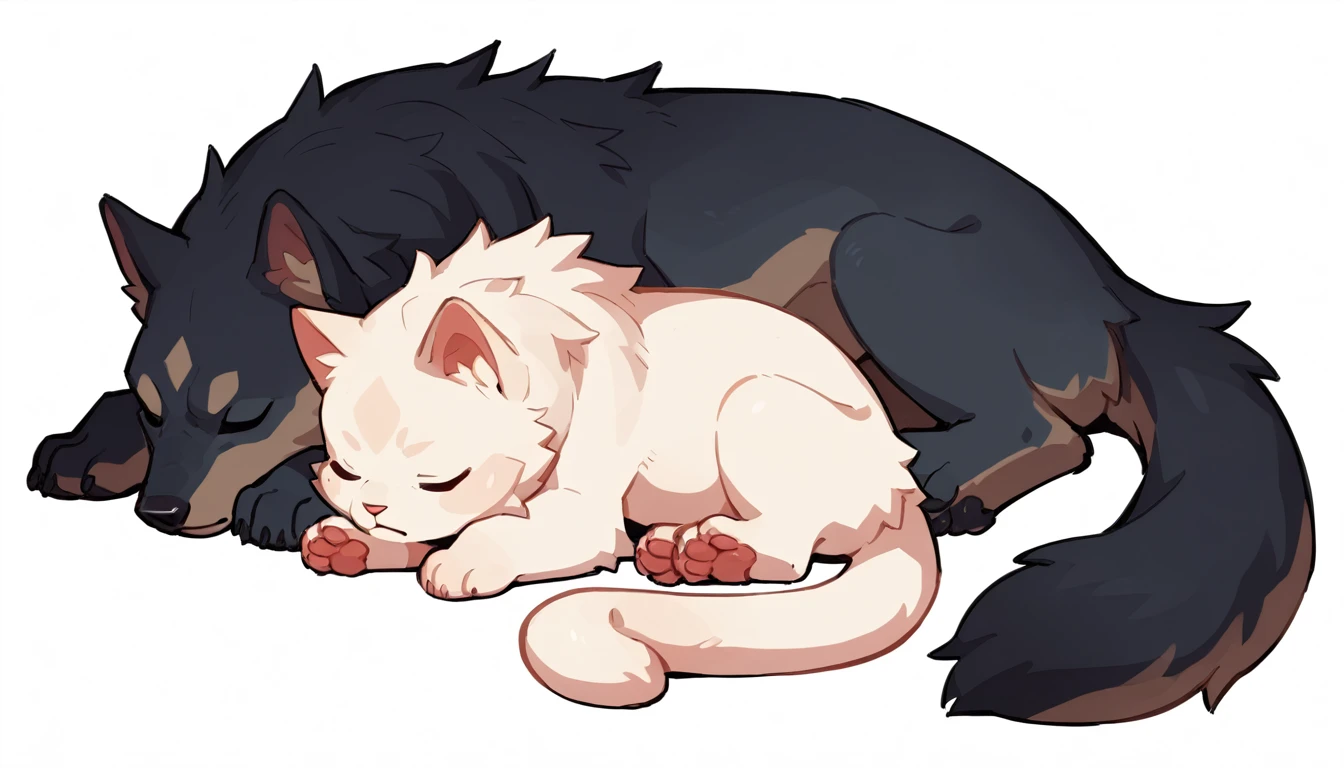 The Q version of the giant feral wolf sleeping and protecting a young furry cat, white background 