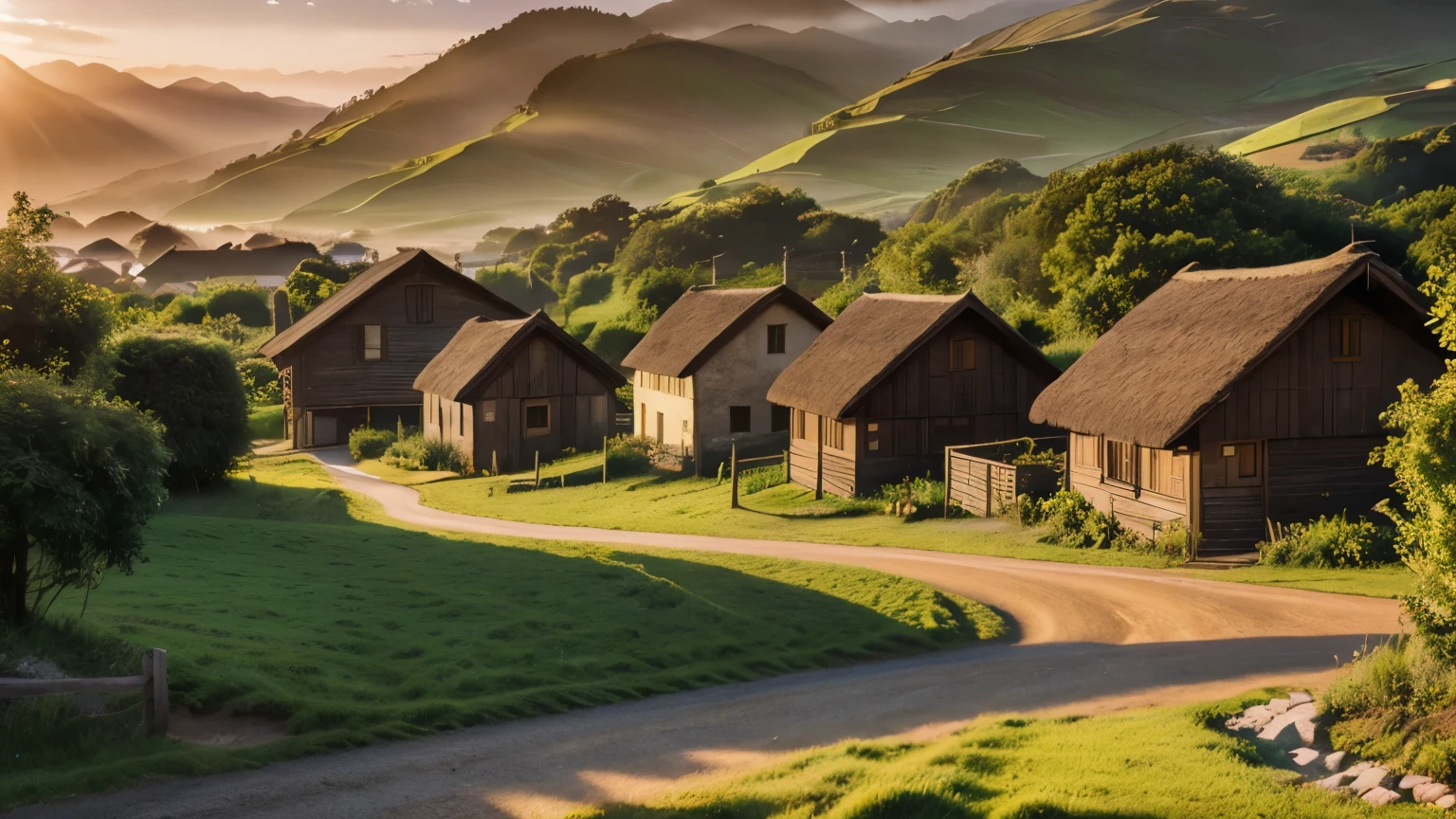 a small rural village, simple houses, lush green fields, beautiful detailed landscape, rolling hills, winding dirt roads, wooden fences, thatched roofs, quaint cottages, warm natural sunlight, golden hour lighting, vibrant colors, idyllic pastoral scene, charming countryside, (best quality,4k,8k,highres,masterpiece:1.2),ultra-detailed,(realistic,photorealistic,photo-realistic:1.37),landscape,cinematic composition,stunning scenic vista,muted earth tones,soft focus background