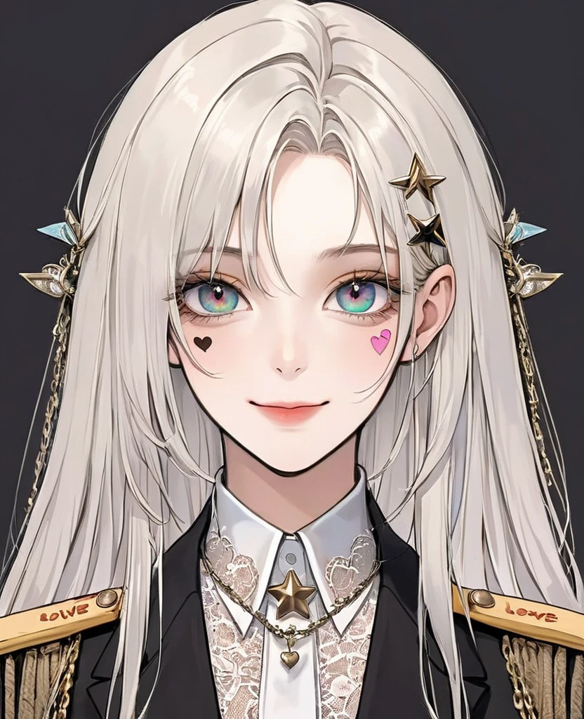 (Digital Illustration,Detailed anime style girl portrait,Solitary,symmetry),(Colorful big eyes love heart,Fashionable and exquisite facial features,Exquisite makeup,Sweet smile,Star symbol mark on cheek,Soulful gaze,),(Straight long hair,Beautiful hairstyle,Hairpin),(White high collar lace shirt,Black suit,Epaulettes-Chain,cool,),Clean and simple white background,(((Correct human anatomy)))