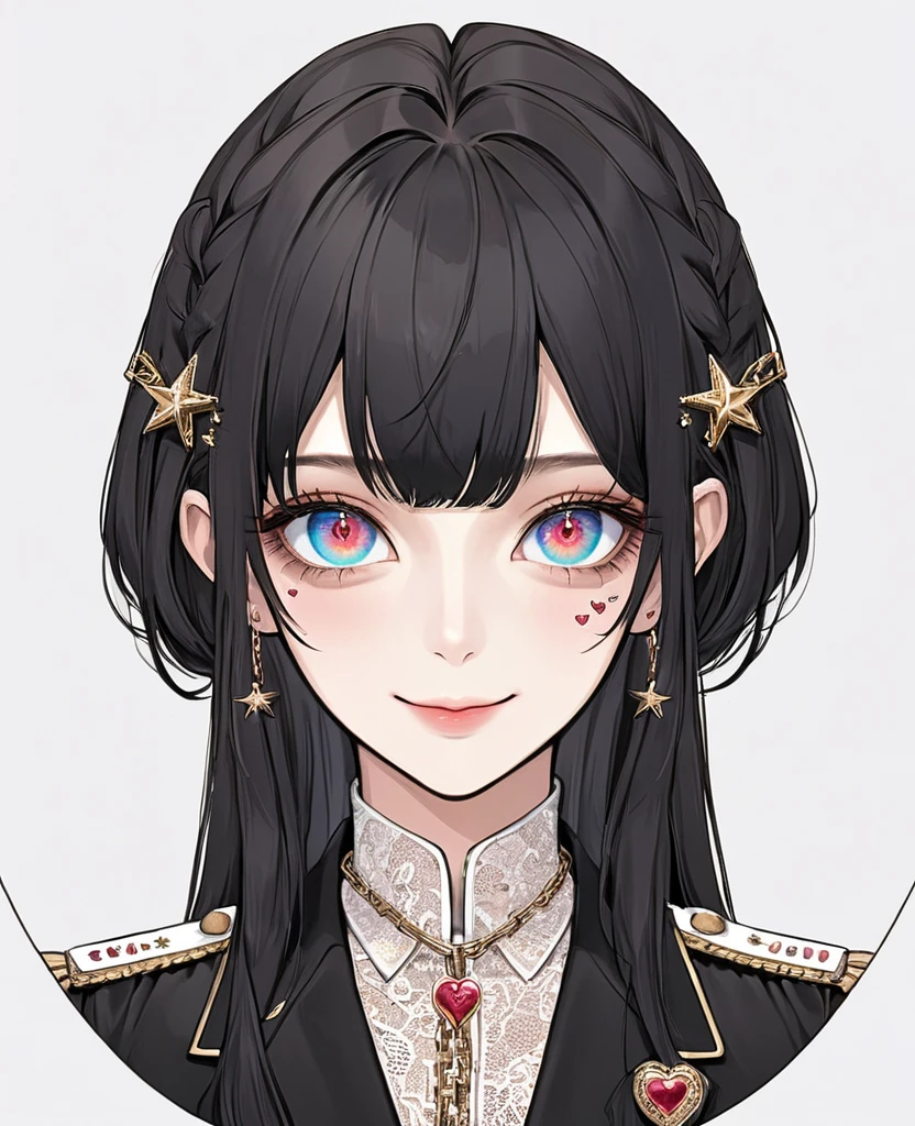 (Digital Illustration，Detailed anime style girl portrait，Solitary，symmetry)，(Colorful big eyes love heart，Fashionable and exquisite facial features，Exquisite makeup，Sweet smile，Star symbol mark on cheek，Soulful gaze，)，(Straight long hair，Beautiful hairstyle，Hairpin)，(White high collar lace shirt，Black suit，Epaulettes-Chain，cool，)，Clean and simple white background，(((Correct human anatomy)))