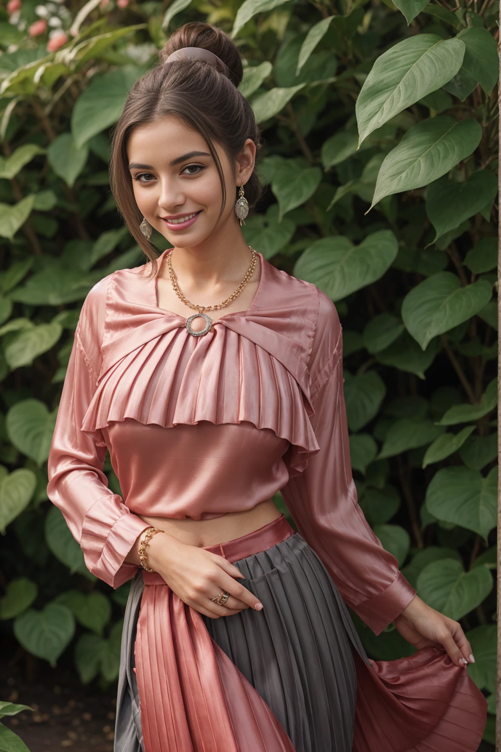Half-length glamour portrait, nikon D850, f1.6 lens, 200mm, DSLR, 22 Megapixels, (((Botanical garden scene))), shot of a stunning 20 years old portuguese girl, (smile:1.4), (wearing Grey Pleated midi skirt with Blush red silk blouse:1.6), ((seductive pose)), hot girl, (((big natural breasts))), (((brown ponytail hair))), (small girl), symmetrical face, photorealistic, photography, (bright natural lighting), gorgeous, deep cleavage, (masterpiece), best quality, high resolution, extremely detailed, cinematic lighting, (((very narrow waist))), rich colors, hyper realistic, lifelike texture, ((jewelry)), (((She has beautiful hands and wears rings))), (bracelet), (necklace), (ankle chain), (nail polish) (earrings), Fuji Superia 200, 8k
