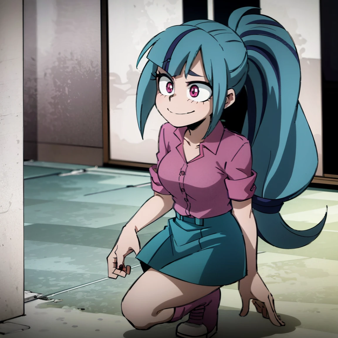 1girl, female focus, sonata dusk, boku no hero academia, masterpiece, best quality, very aesthetic, absurdres, ponytail hair, blue hair, pink eyes, smile, gray jacket, red tie, white shirt, teal skirt, gray tights, boots 