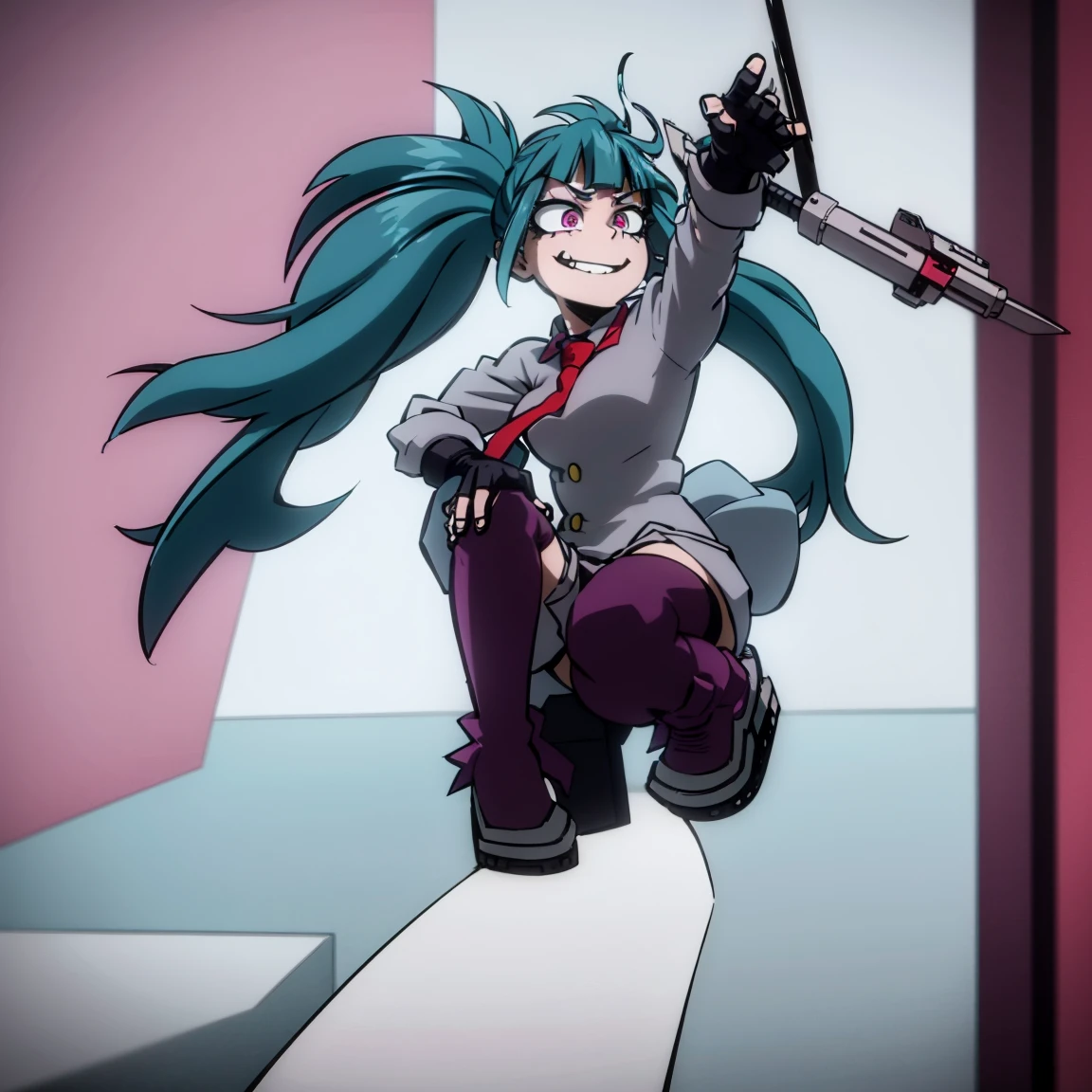 1girl, female focus, sonata dusk, boku no hero academia, masterpiece, best quality, very aesthetic, absurdres, ponytail hair, blue hair, pink eyes, smile, gray jacket, red tie, white shirt, teal skirt, gray tights, boots 