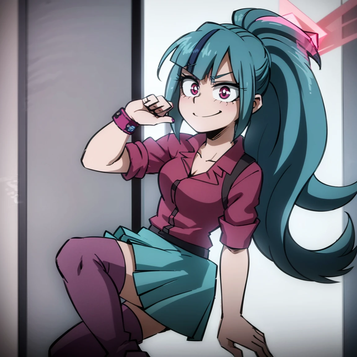 1girl, female focus, sonata dusk, boku no hero academia, masterpiece, best quality, very aesthetic, absurdres, ponytail hair, blue hair, pink eyes, smile, gray jacket, red tie, white shirt, teal skirt, gray tights, boots 