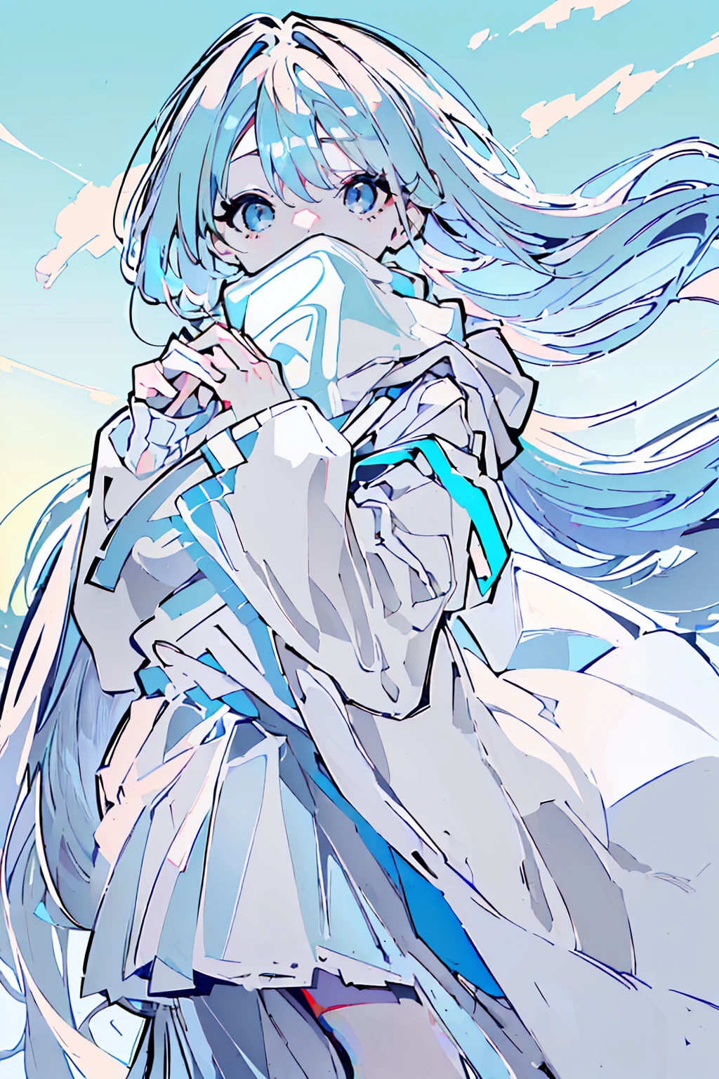 masterpiece,Highest quality,Super detailed, (((Pastel sky blue and white mullet)))) , ((((A woman covering her mouth with both hands))), upright, From the waist up, Cute and adorable high school student, hoodie,Off the shoulder:1.2, Mostima, Arknights, smile, Penguin Logistics, Light art, Soft Art, A fleeting and fantastical feeling