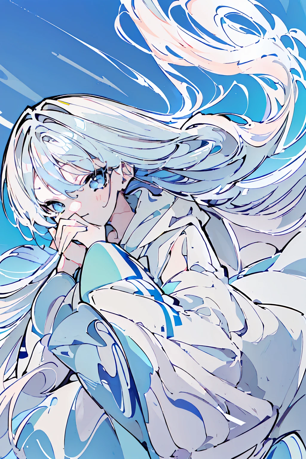 masterpiece,Highest quality,Super detailed, (((Pastel sky blue and white mullet)))) , ((((A woman covering her mouth with both hands))), upright, From the waist up, Cute and adorable high school student, hoodie,Off the shoulder:1.2, Mostima, Arknights, smile, Penguin Logistics, Light art, Soft Art, A fleeting and fantastical feeling