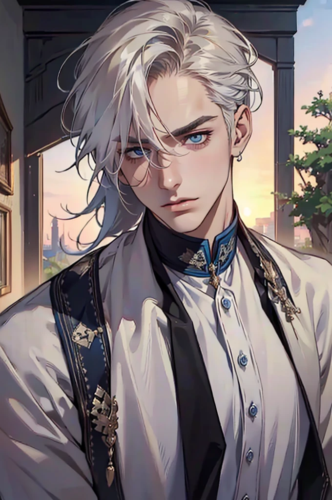 ((masterpiece:1.2, Best quality)), 4k, adult, European face, 1 person, male, mature, masculine, Beautiful, very tall, Muscles, broad shoulders, dark casual wear, White skin, medium white hair, Blue eyes, portrait, sunset, old house with apple trees. 
