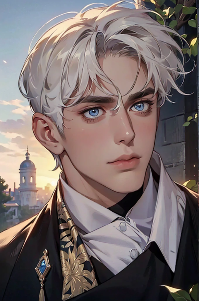 ((masterpiece:1.2, Best quality)), 4k, adult, European face, 1 person, male, mature, masculine, Beautiful, very tall, Muscles, broad shoulders, dark casual wear, White skin, medium white hair, Blue eyes, portrait, sunset, old house with apple trees. 
