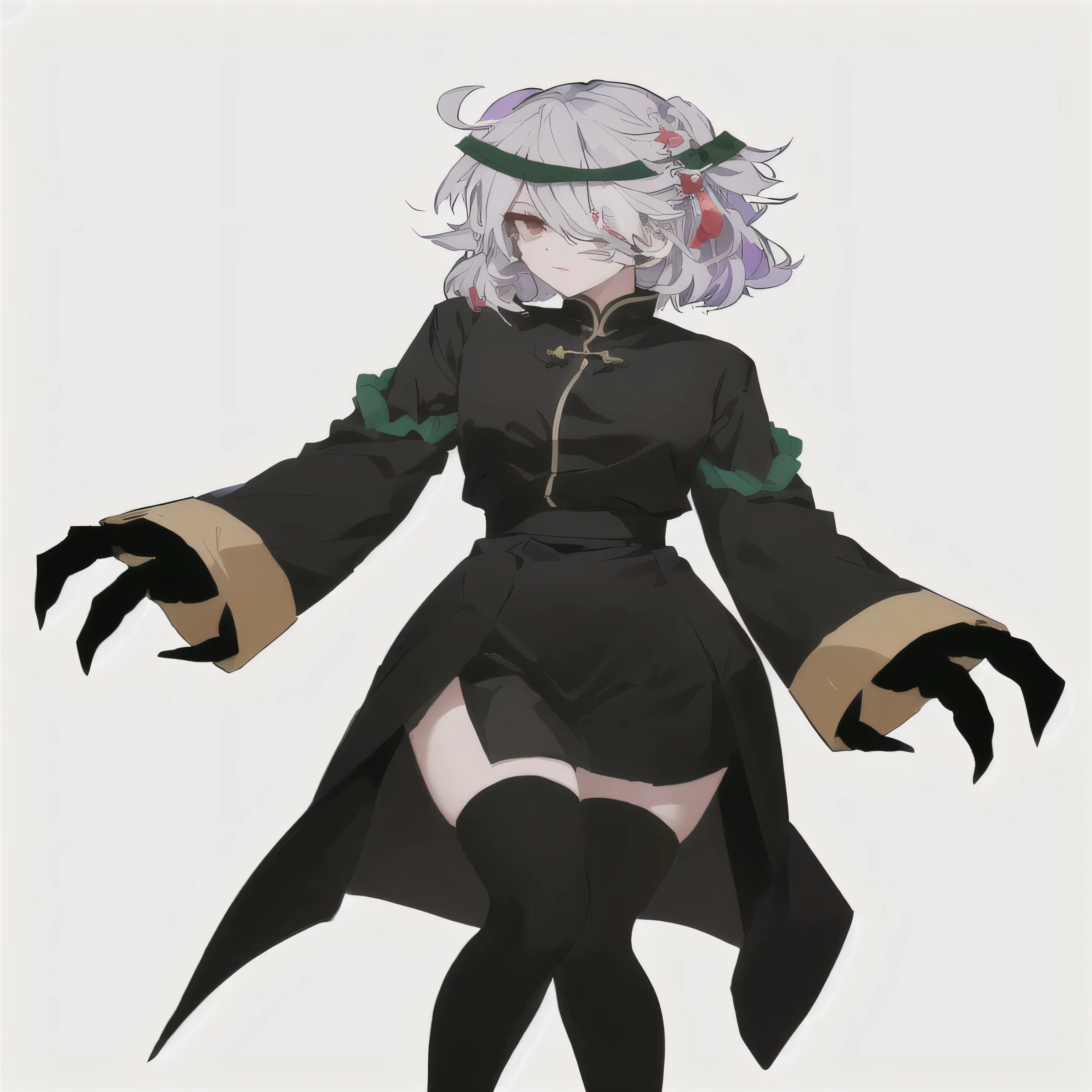 anime moe artstyle, touhou character, full portrait of elementalist, noire, villain pose, full body xianxia, full body portrait of a short!, full body adoptable, single character full body, nagito komaeda, anime vtuber full body model, ((best quality)), ((masterpiece)), (detailed), 1girl, short white hair, white eyelashes, black eyes, ofuda flying around, plain black Chinese zombie outfit, long sleeves with black giant claws, socks + bandages on legs, full body, dynamic pose, better eyes, high quality eyes, 4K eyes, better quality hands, perfect fingers, short girl, medium chest