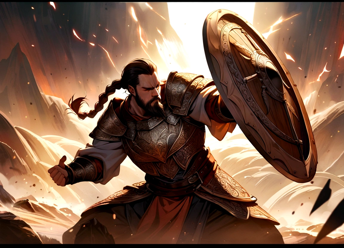 Tall viking man, detailed armor, old engraved leather Cuirass, intricate designs on the Cuirass, intricate Cuirass engravings, imposing and powerful stance, fierce expression, red wild mane braided hair and beard, dynamic pose, intense battle scene, fantasy setting, vibrant colors, dramatic lighting, epic atmosphere, mythical creatures in the background, sword and viking shield, attention to anatomy and facial features, iconic use of highlights and shadows, capturing emotion, masterful composition