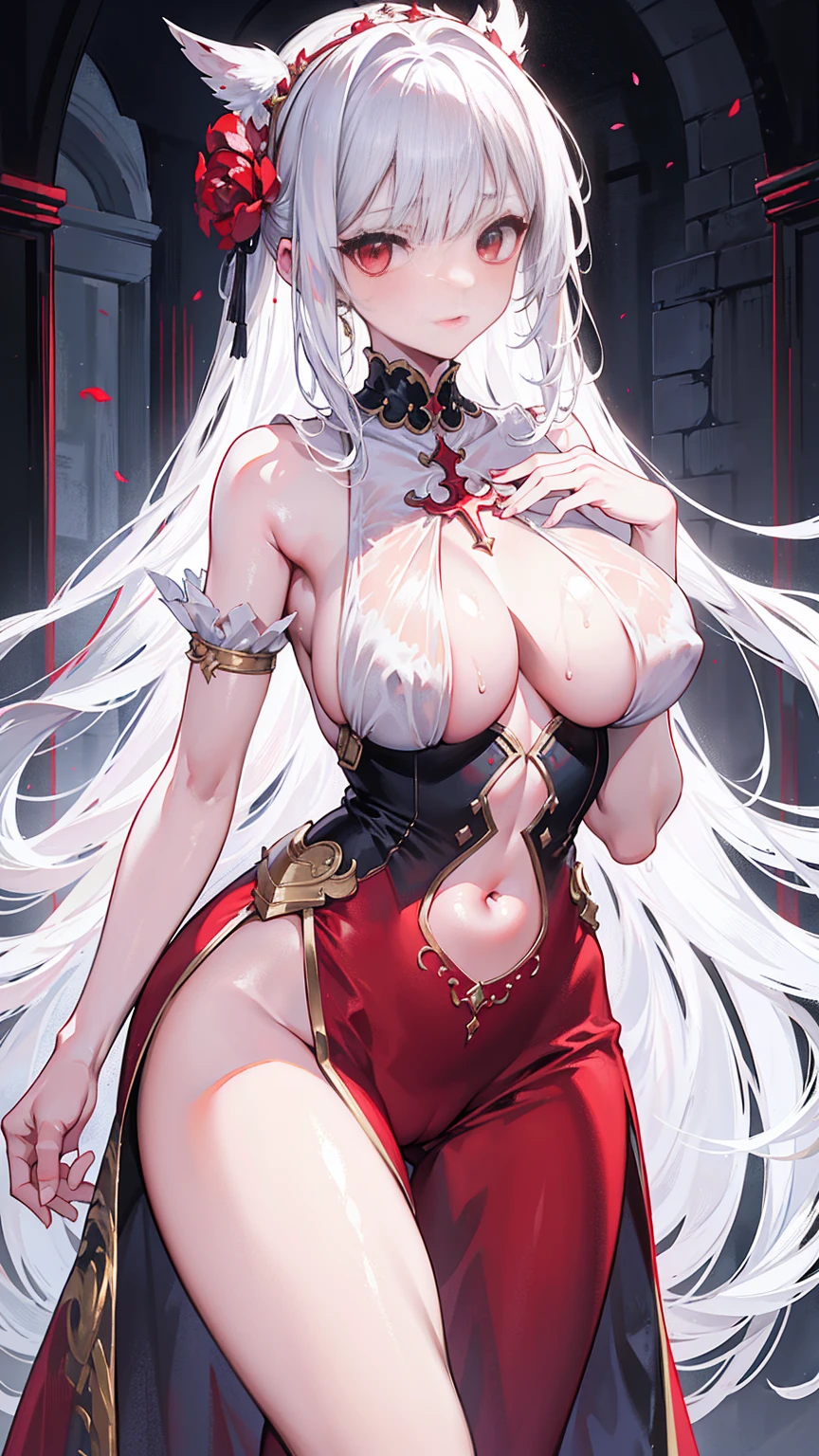 Long white hair，Red eyes，Sexy Sheer Colonial Dress, Perfect body, Clear chest, Well-defined collarbone, Surreal, lifelike, detailed, Perky transparent nipples, Wet clothes(whole body:1.1),cross，Holy，best quality，Large Breasts，Big Ass，No underwear。Gorgeous church background with extreme details