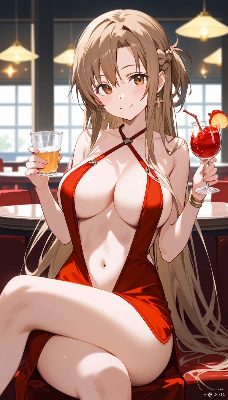 score_9,score_8_up,score_7_up,18 year old,1girl,asuna \(sao-alo\), sword art online,yuuki asuna,solo,nsfw,brown eyes, brown hair, long hair, bangs, braid,sitting,crossed legs, holding cup,seductive-smile,blush,large breasts,brown hair,parted hair,long hair,red dress,halter dress,plunging neckline,center opening,cleavage,navel,earrings,bracelet,restaurant,