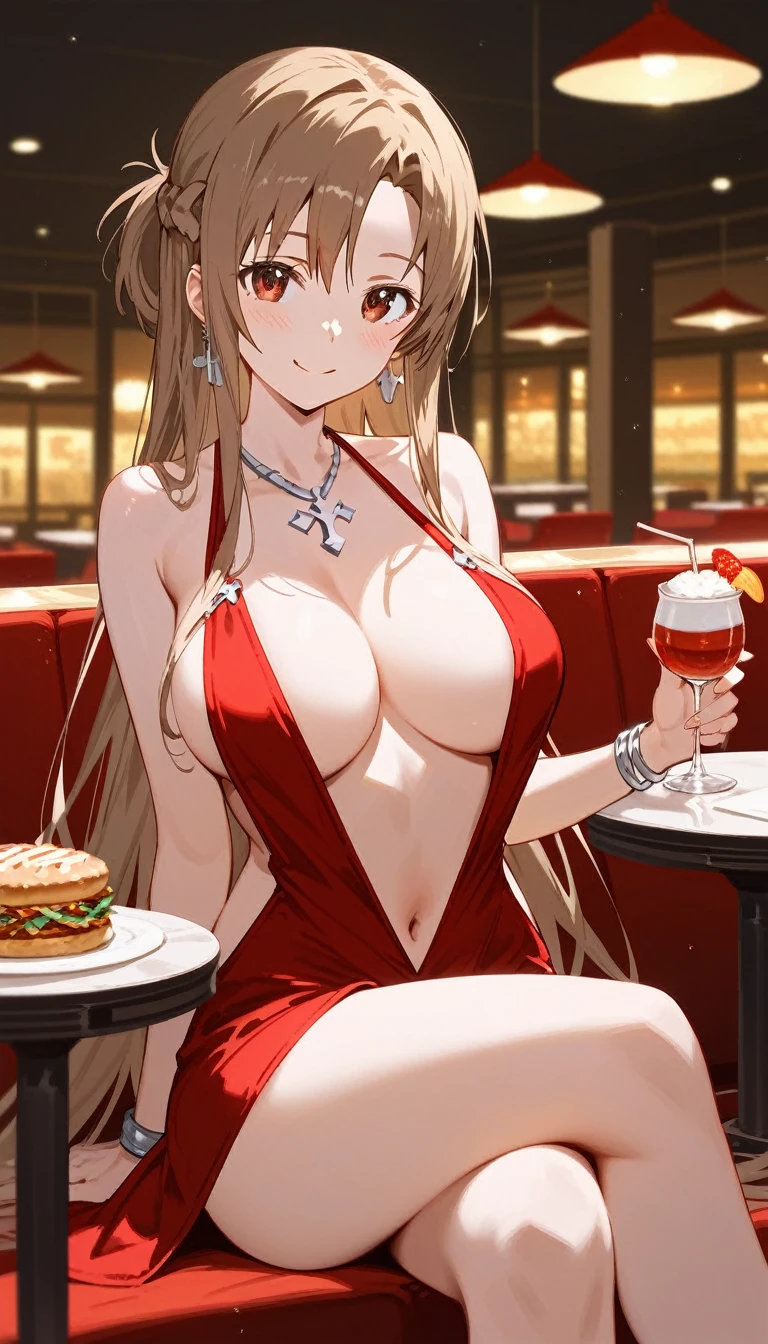 score_9,score_8_up,score_7_up,18 year old,1girl,asuna \(sao-alo\), sword art online,yuuki asuna,solo,nsfw,brown eyes, brown hair, long hair, bangs, braid,sitting,crossed legs, holding cup,seductive-smile,blush,large breasts,brown hair,parted hair,long hair,red dress,halter dress,plunging neckline,center opening,cleavage,navel,earrings,bracelet,restaurant,