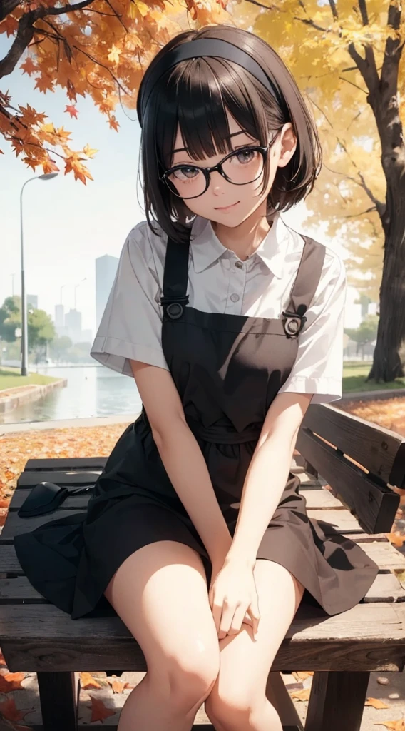 (Tabletop, Highest quality, Capture the cutest moment, Depth of written boundary, Ultra-detailed, Ultra-high resolution, c4d, Octadale, 3D Modeling, 8k, 16K, One Girl,, ,Black-haired,short hair,Straight Hair,Light brown eyes,White headband,Wearing black glasses,Cute face),  apron,sitting on a park bench、Crossing your legs、Row of autumn leaves