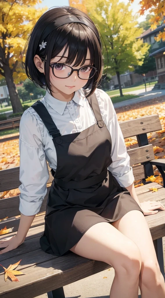 (Tabletop, Highest quality, Capture the cutest moment, Depth of written boundary, Ultra-detailed, Ultra-high resolution, c4d, Octadale, 3D Modeling, 8k, 16K, One Girl,, ,Black-haired,short hair,Straight Hair,Light brown eyes,White headband,Wearing black glasses,Cute face),  apron,sitting on a park bench、Crossing your legs、Row of autumn leaves