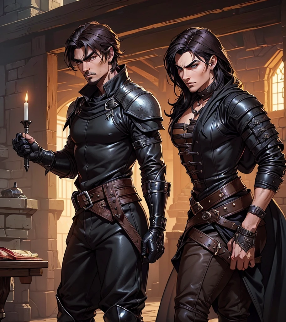 (((Solo character image.))) (((Generate a single character image.))) (((Dressed in medieval fantasy attire.))) (((Looks like a cute male model.))) Looks like a seductive sexy guy, wearing a black shirt, black pants and black boots. Looks like a pit fighter in a medieval fantasy setting. Looks like a cute and shady bad boy in a medieval fantasy setting. Looks like a medieval fantasy street brawler. Looks like a male rogue for Dungeons & Dragons in a medieval fantasy setting. (((Looks like an arrogant bully))). (((Looks like a sexy male brawler))). Looks like a sexy, shadowy assassin for a medieval fantasy setting. Looks shifty. Looks suspicious. Looks untrustworthy. (((wearing black leather medieval clothing))), A single character portrait, sneaky, (((rogue))), (((muscular))), (((gorgeous face))), (((risque stare))), assassin, fantasy artwork, fantasy attire, fantasy adventurer, attractive, youthful, sexy, sly, arched eyebrows, scowl, (((sexy long, luxurious dark hair))), mysterious, (((serious expression))), man in his early 20’s sexy body, pathfinder, Dungeons & Dragons character portrait, intricate details, ultra detailed, extremely detailed hands, ultra detailed clothes, ultra detailed hands, epic masterpiece, ultra detailed, hyperdetailed hands, digital art, unreal engine, 8k, ultra HD, centered image, art style by J Scott Campbell