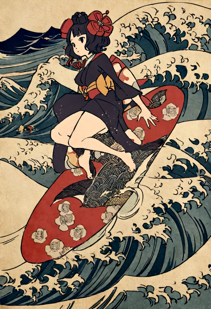 The rough texture of Japanese paper, Hokusai style, ukiyo-e, surfing, flight, fun and solemnity Ukiyo-e style、Katsushika Hokusai、A girl is surfing、surfing、high quality、high resolution