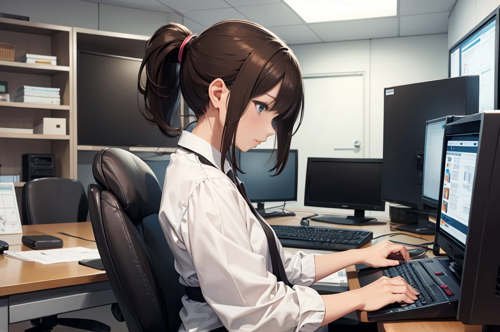 Office lady operating a computer at a desk、One Girl,  Serious Cover、Brown Hair、ponytail