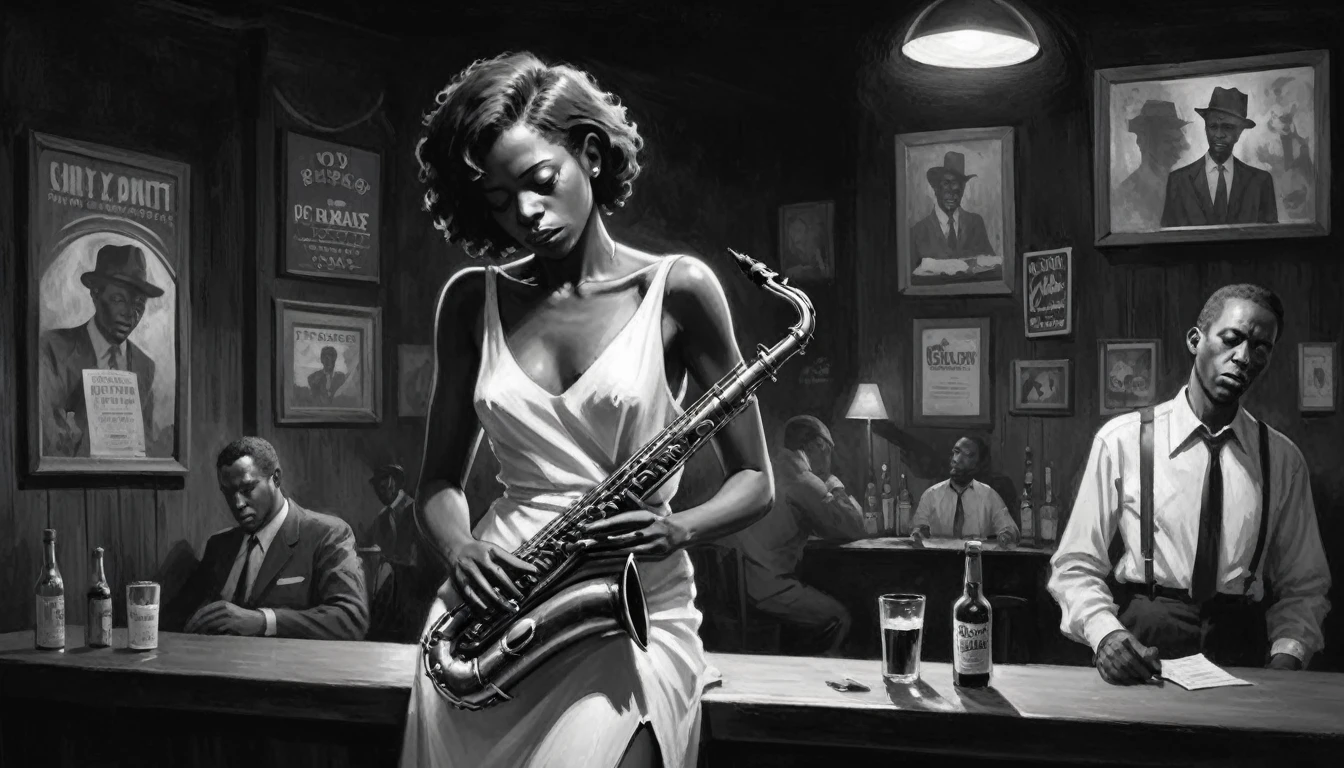 robert johnson, gritty, alabama bar, blue note, charismatic , illustration, noir fantasy, lone lady, sad ending, saxophonists