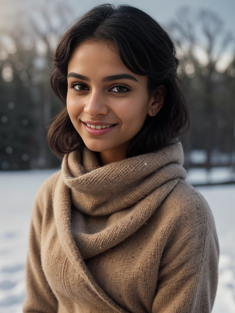 Young Madagascan mixed race Indian woman, shy, charming, smiling, medium length black hair, slightly curly, beautiful eyes, pretty natural eyebrows, 22 years old, oval and natural face, innocent, average height body with immense curvature, extremely beautiful and perfectly fitted out, height 1.85m. She is warmly dressed in an elegant sweater, a cozy coat and a trendy scarf. His smile radiates warmth and his eyes sparkle with joy. The snow falls gently around it, creating a magical and serene atmosphere.

The image should be captured in high quality, high resolution, with extremely detailed background. The woman's skin should have pores and imperfections, which adds to the realism and authenticity of the photo.

The lighting should be soft and flattering, highlighting the beauty of the woman and the snowy landscape.

The photo should have a cinematic feel, with a sense of depth, dimension and composition.

The general mood of the photo should evoke tranquility, serenity and beauty.