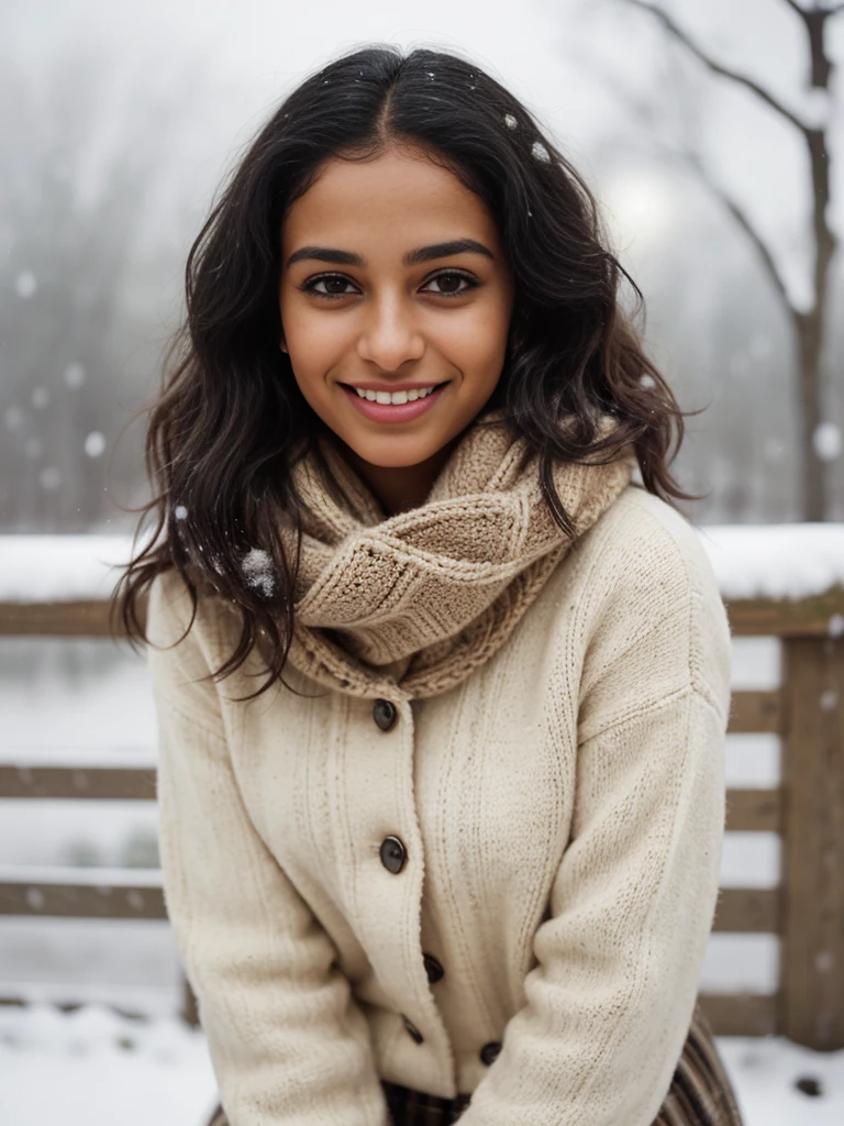 Young Madagascan mixed race Indian woman, shy, charming, smiling, medium length black hair, slightly curly, beautiful eyes, pretty natural eyebrows, 22 years old, oval and natural face, innocent, average height body with immense curvature, extremely beautiful and perfectly fitted out, height 1.85m. She is warmly dressed in an elegant sweater, a cozy coat and a trendy scarf. His smile radiates warmth and his eyes sparkle with joy. The snow falls gently around it, creating a magical and serene atmosphere.

The image should be captured in high quality, high resolution, with extremely detailed background. The woman's skin should have pores and imperfections, which adds to the realism and authenticity of the photo.

The lighting should be soft and flattering, highlighting the beauty of the woman and the snowy landscape.

The photo should have a cinematic feel, with a sense of depth, dimension and composition.

The general mood of the photo should evoke tranquility, serenity and beauty.